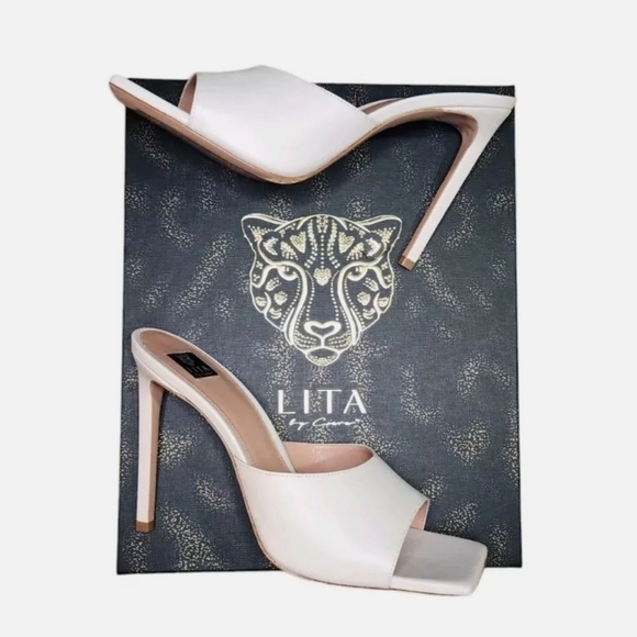 LITA By CIARA Solid Square Toe Slide Sandals in Cream Leather NIB - Picture 11 of 12